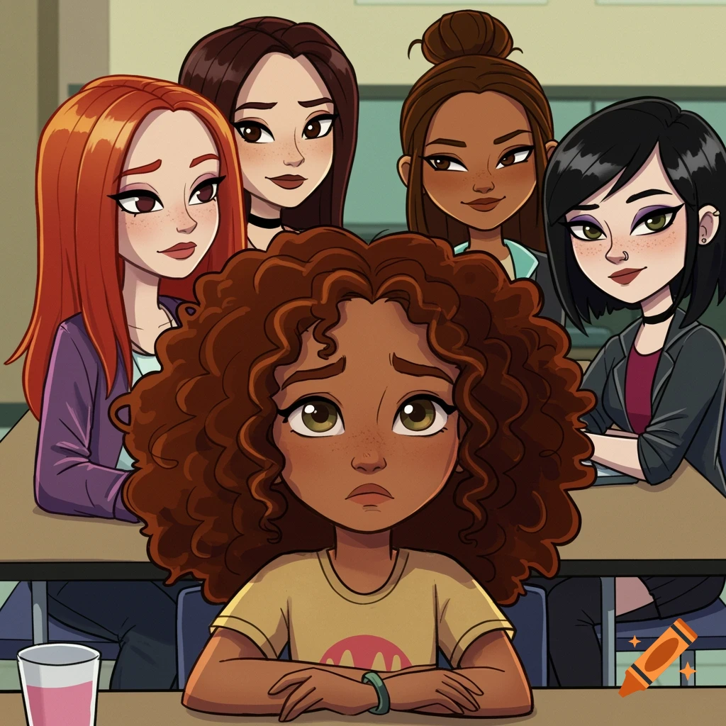 Cartoon of a sad, curly-haired girl at a desk, surrounded by four smug and mischievous-looking girls in a classroom.