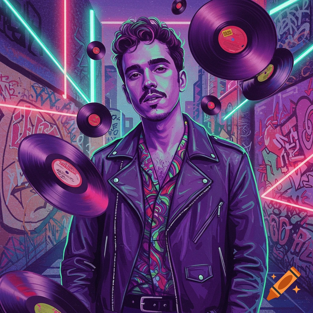 Stylized portrait of a man in a leather jacket with vinyl records and neon lights in a graffiti alley, synthwave art style.