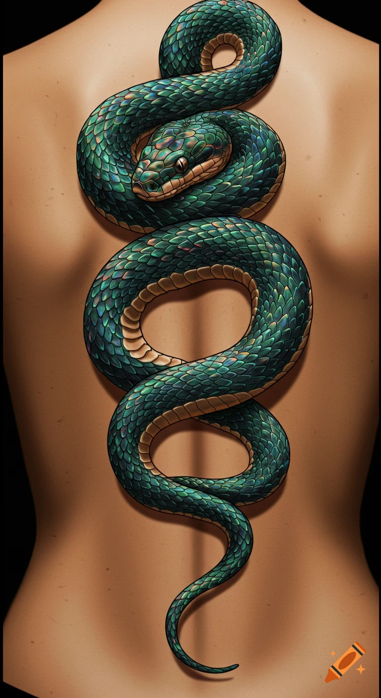 A stylized green and gold snake tattoo coiled down a person's bare back.
