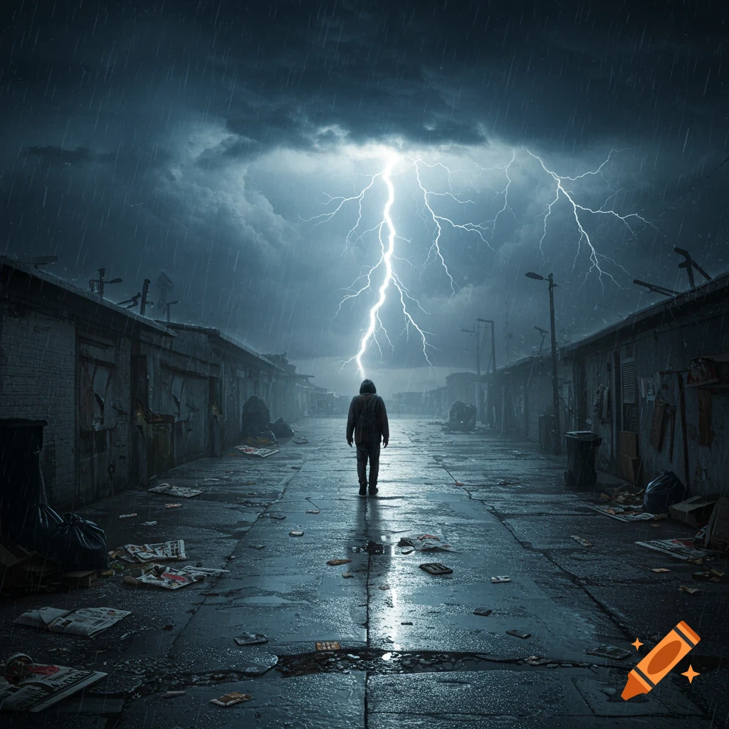 A lone figure walks down a dark, rain-soaked urban alley littered with trash as a powerful lightning bolt strikes from a stormy sky.