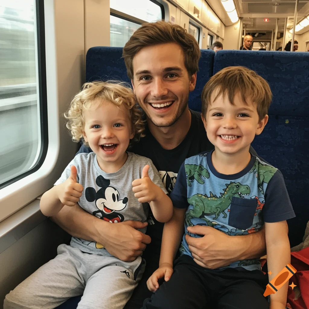 A smiling young man holds two happy boys on his lap in a train. One boy in a Mickey Mouse shirt gives thumbs up; the other wears a dinosaur shirt.