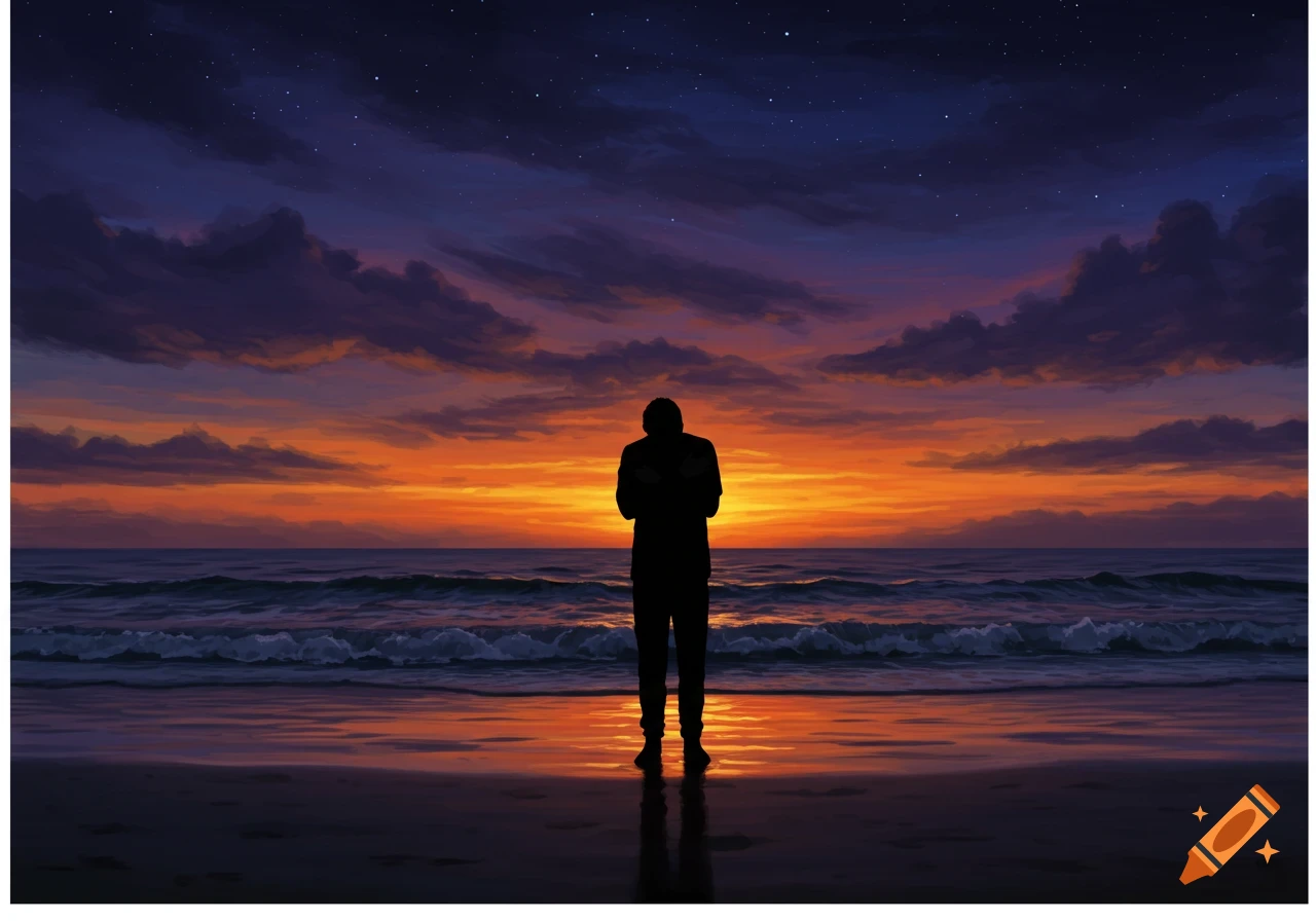Silhouette of a person standing on a beach at sunset with vibrant orange and purple clouds reflecting on the wet sand.