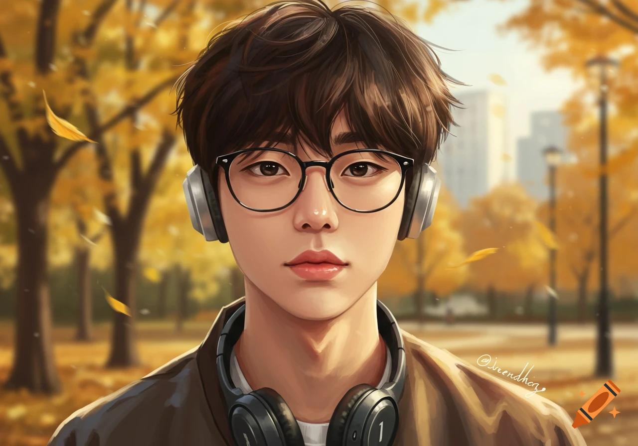 An illustration of a young man with dark hair, glasses, and headphones around his neck, standing in an autumn park with golden trees.