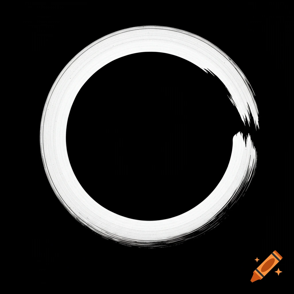 A white enso brushstroke circle with visible texture on a solid black background, minimalist art.