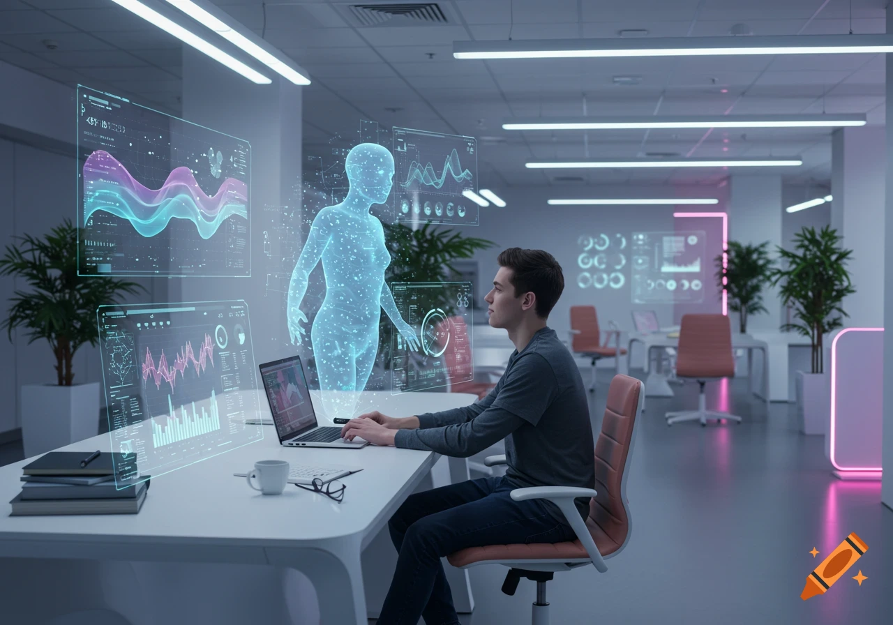 Young man uses a laptop with holographic data displays and a glowing human figure in a modern office.