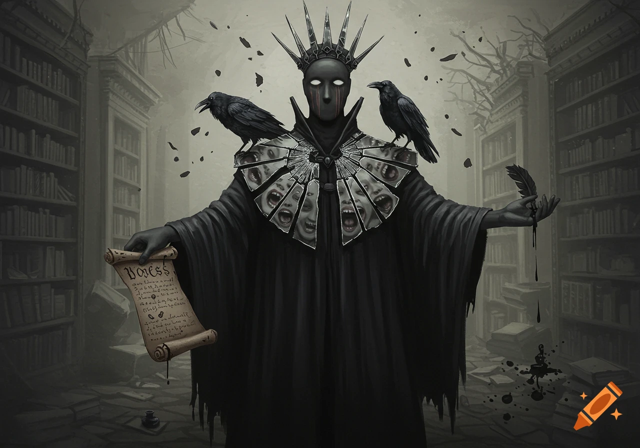 A faceless figure in a spiked crown and black cloak, with a collar of screaming faces, stands with ravens. Holds a scroll and a quill dripping ink in a ruined library. Gothic fantasy style.