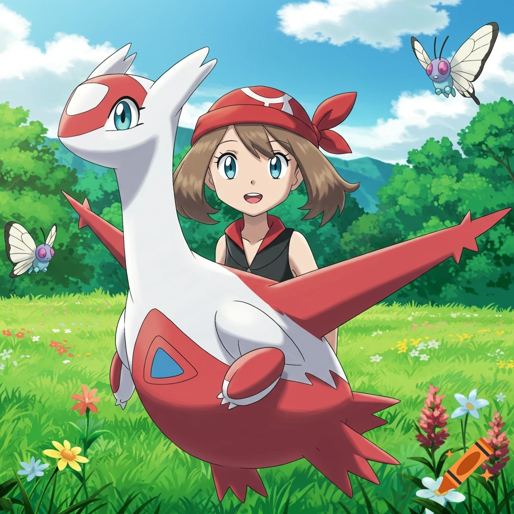 May and Latias from Pokémon stand in a vibrant green field with flowers, under a blue sky, in a 2D anime style.