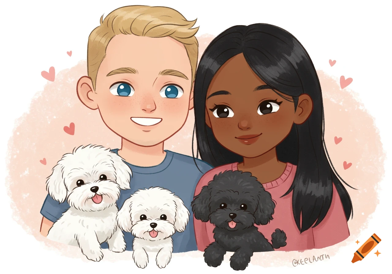 A cartoon illustration of a diverse couple with blonde and black hair, smiling warmly while holding a white maltipoo and a black teacup poodle.