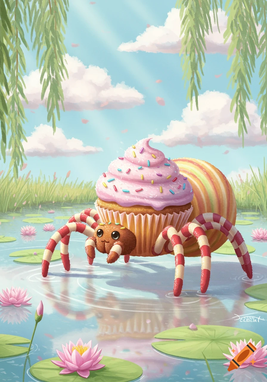 A whimsical illustration of a cupcake spider with striped legs in a pond with water lilies and weeping willows under a blue sky.