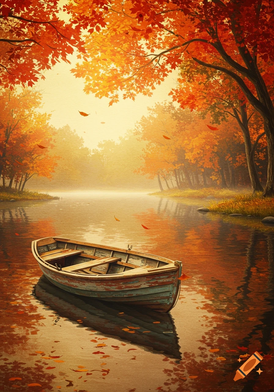 A painted scene of a wooden boat on a misty river, surrounded by vibrant orange and red autumn trees with falling leaves.