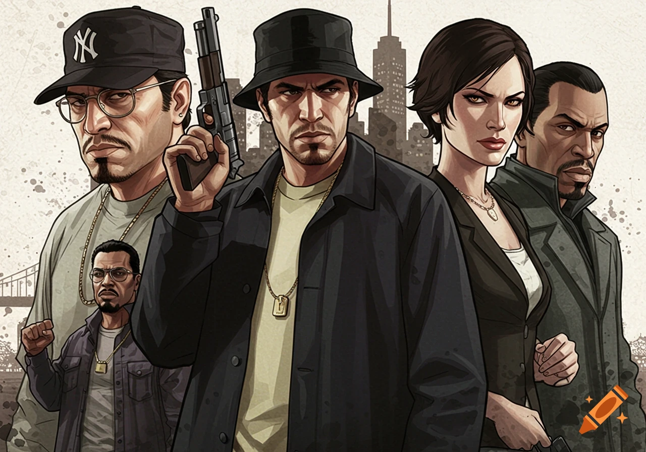 An illustration of five diverse characters in a Grand Theft Auto style, one holding a gun, with a city skyline in the background.