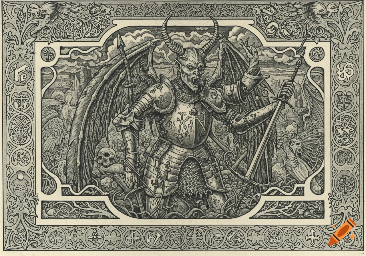 Monochrome woodcut of a horned, winged demon in knight's armor, wielding a sword and spear amidst skulls and chaotic details, framed by an ornate border.
