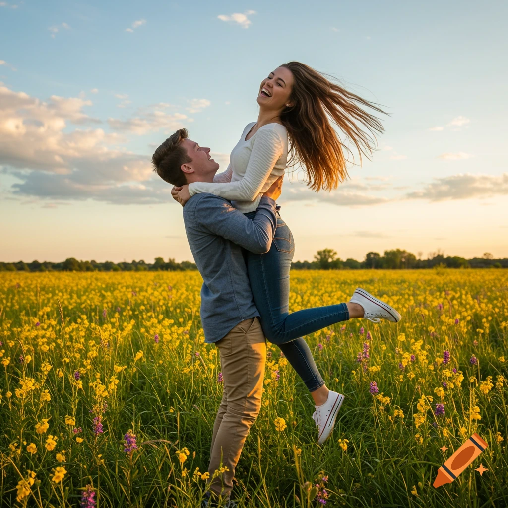 Happy man lifting a woman in a field of yellow flowers at sunset, both laughing.
