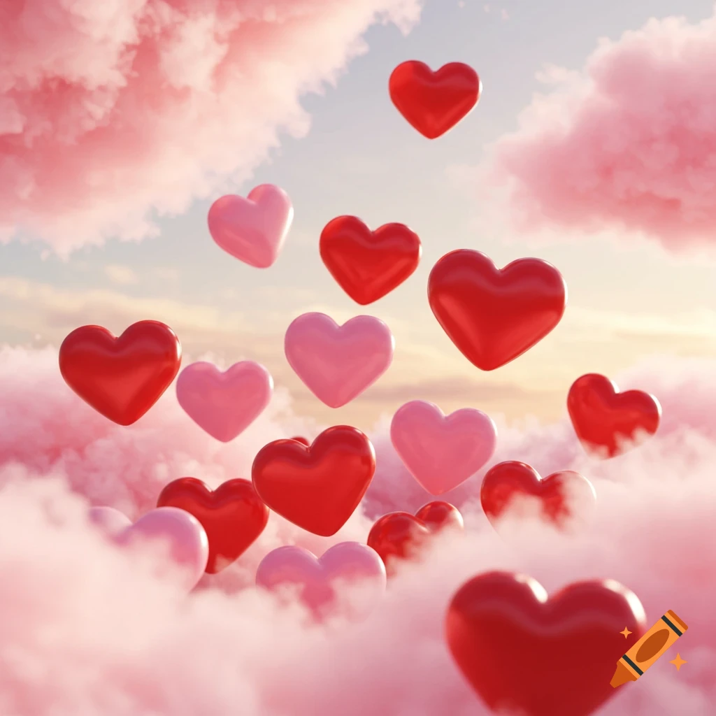 Pink and red glossy hearts floating among fluffy pink clouds in a bright sky.