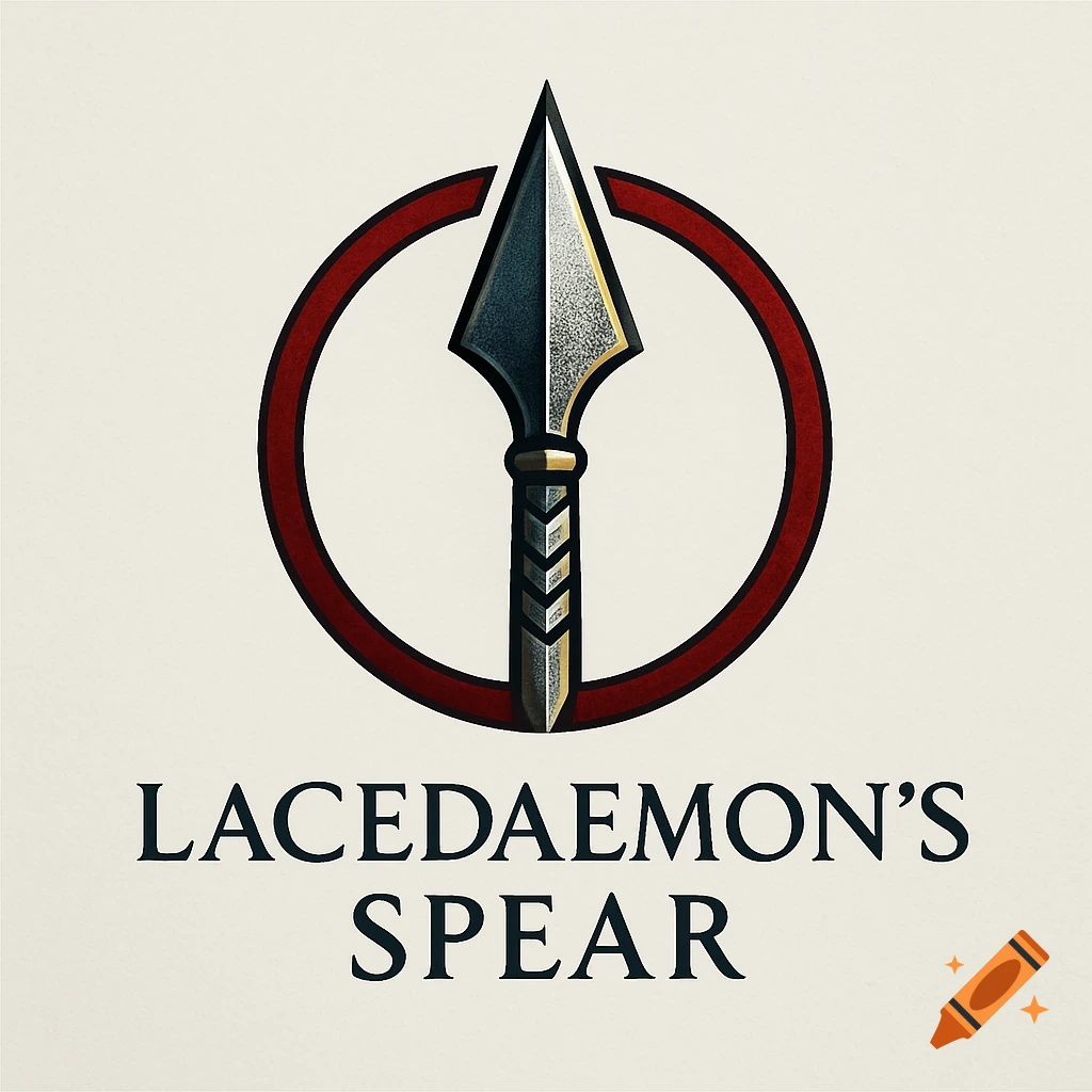 A stylized logo featuring a dark grey and gold spear pointing upwards, centered within a red circle, above the text 'LACEDAEMON'S SPEAR' on a cream background.
