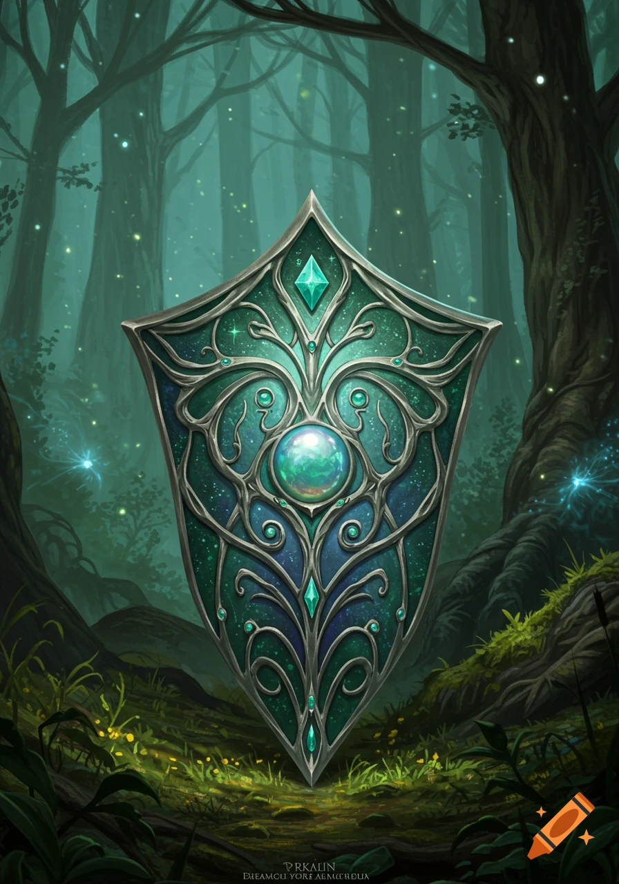 An ornate, teal and silver elven shield with a glowing orb sits in a magical, mystical forest.