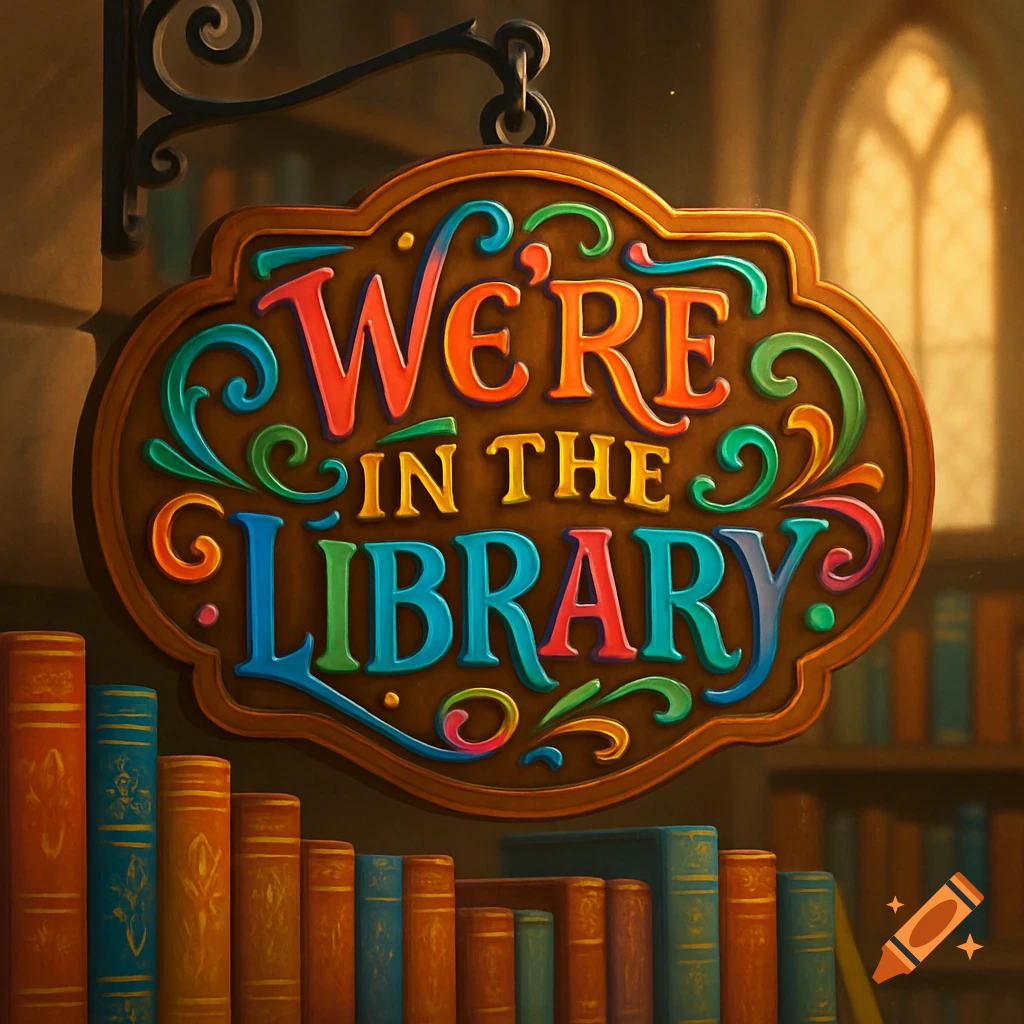 A colorful, ornate wooden sign hanging above a row of books reads 'WE'RE IN THE LIBRARY' in a whimsical font.