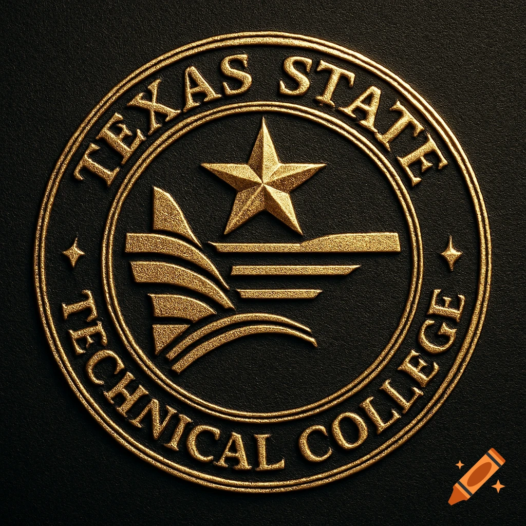Gold embossed circular logo for Texas State Technical College with a star and stylized waves on a dark background.