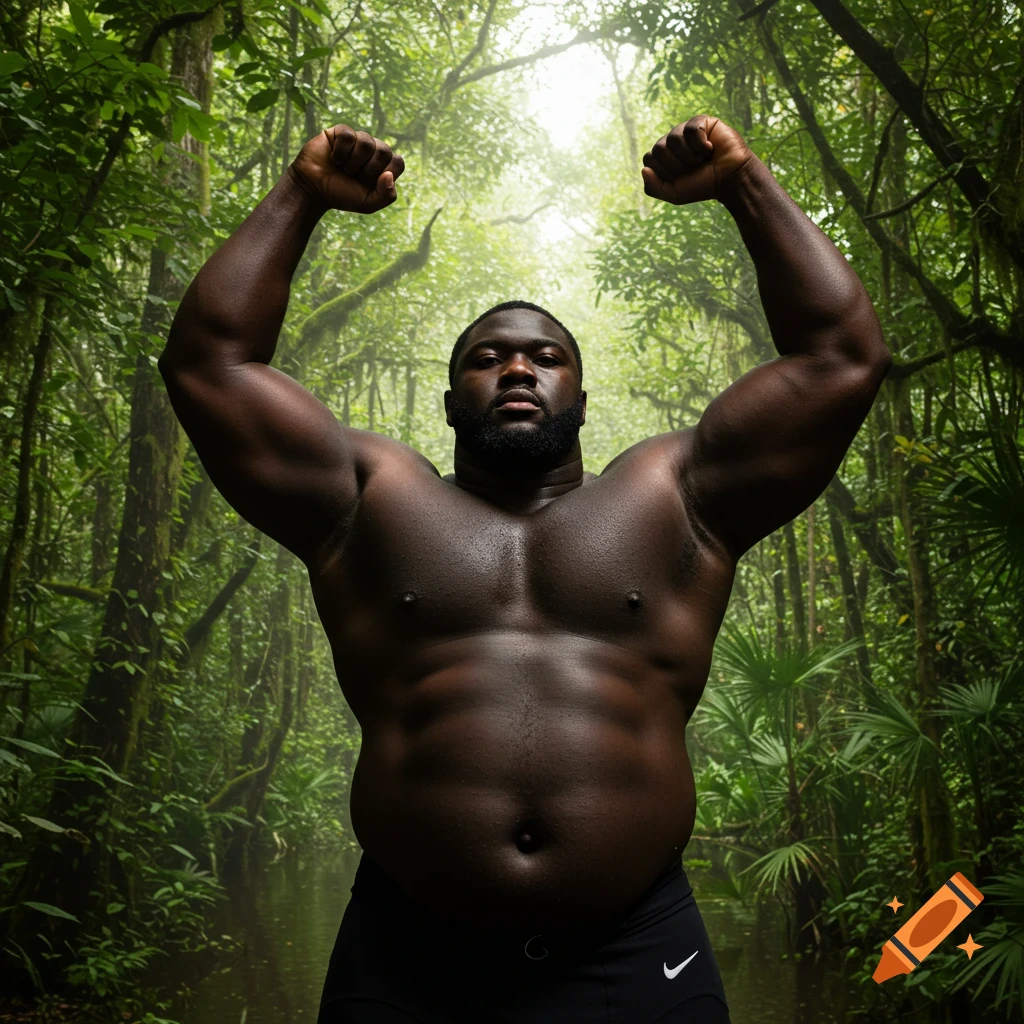 A muscular Black man flexes his biceps overhead in a lush jungle, wearing black shorts.