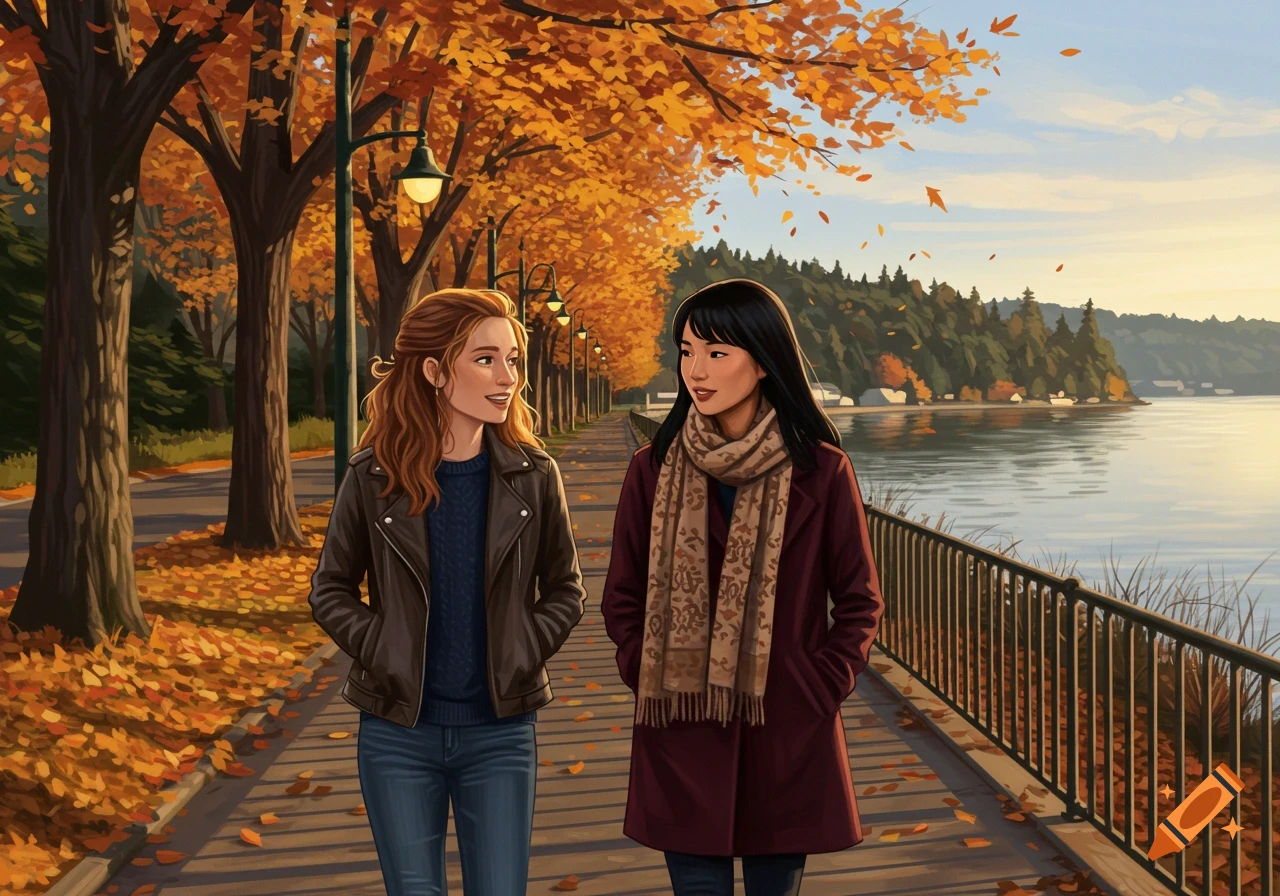 Illustration of two women walking and talking on an autumn path beside a lake with colorful trees.