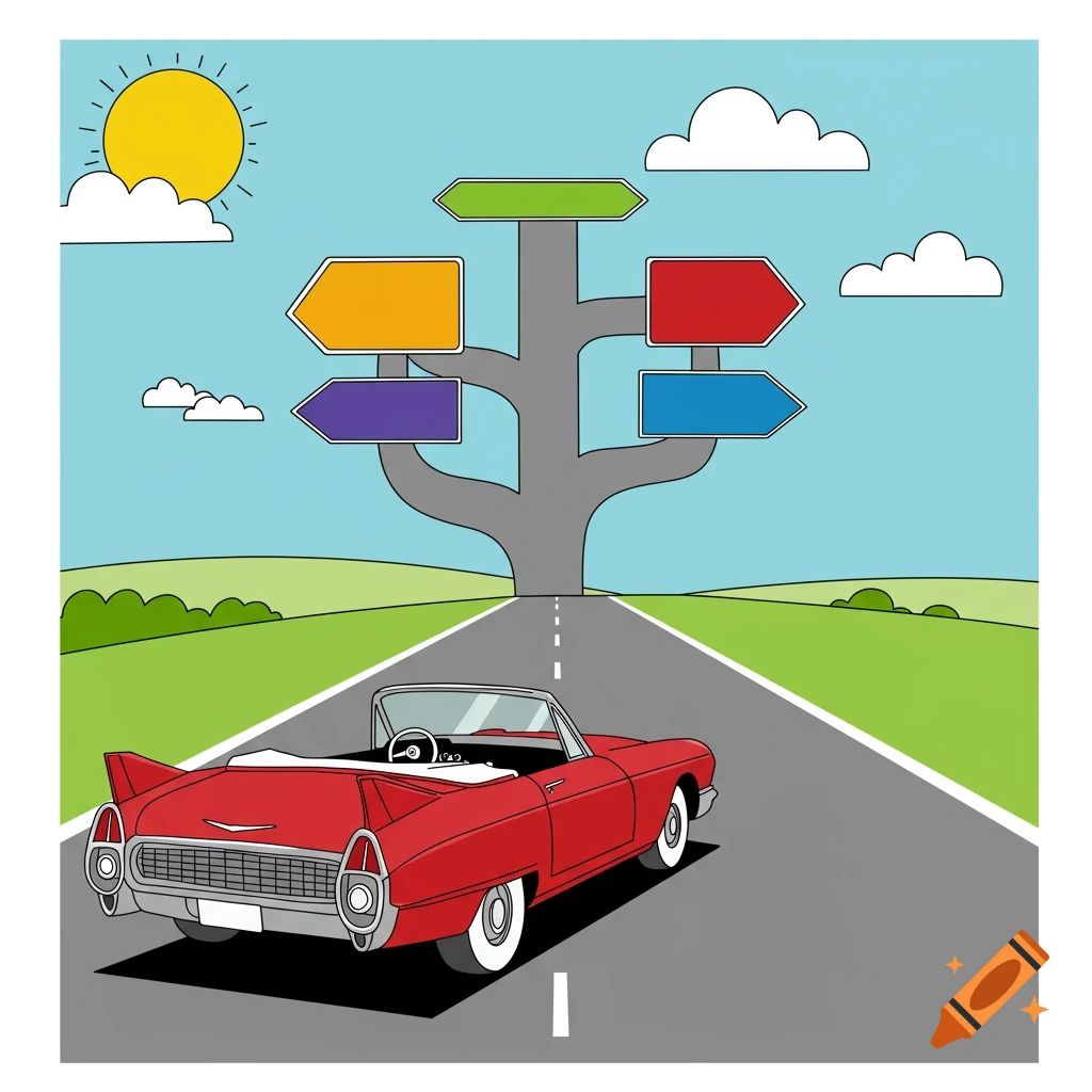 A red vintage convertible drives down a road towards a tree-like signpost with multiple blank directional arrows, in a sunny, stylized cartoon landscape.