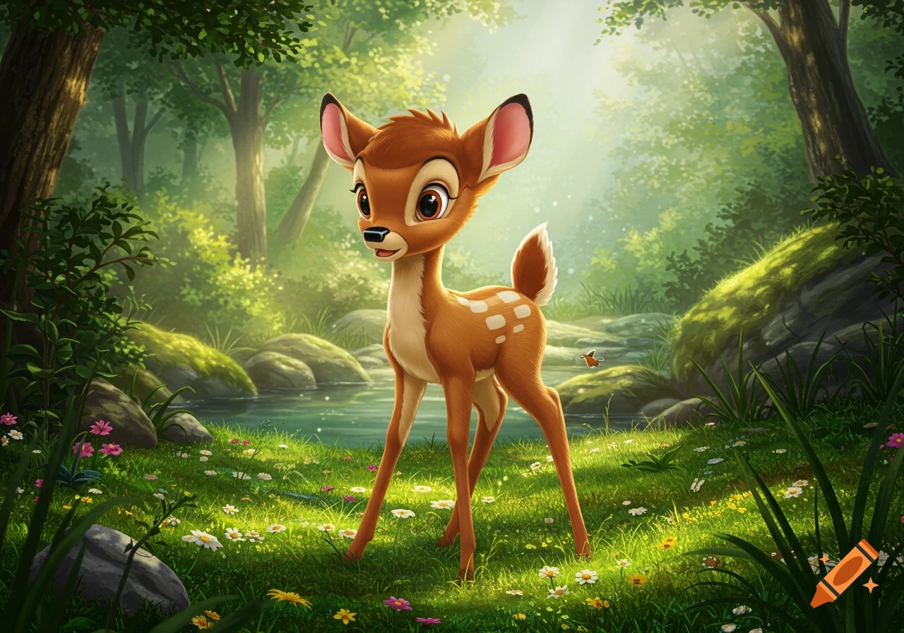 A cute, animated fawn (Bambi) stands in a lush, green forest filled with colorful flowers and a small stream.