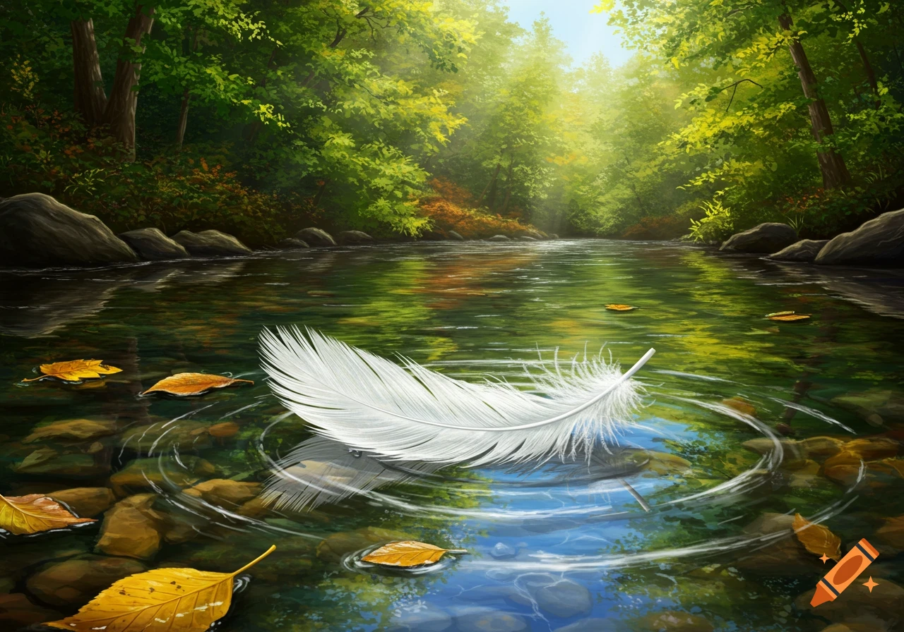 A white feather floats on a sun-dappled river in a vibrant green forest with scattered autumn leaves.