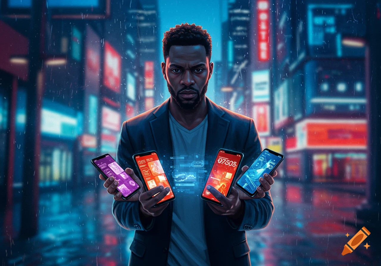 A serious Black man holds four glowing smartphones displaying digital interfaces in a rainy, neon-lit cyberpunk city at night.