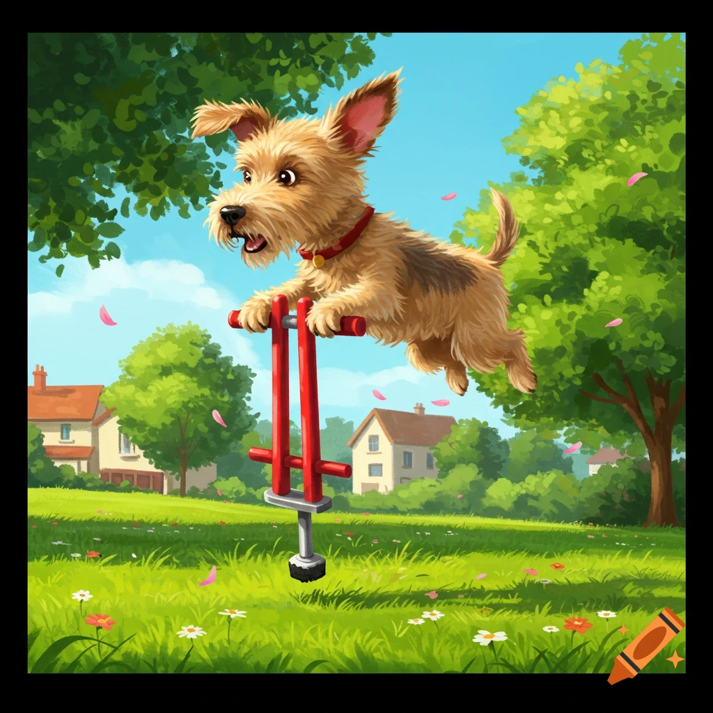 Cartoon illustration of a small brown dog joyfully jumping on a red pogo stick in a sunny park.