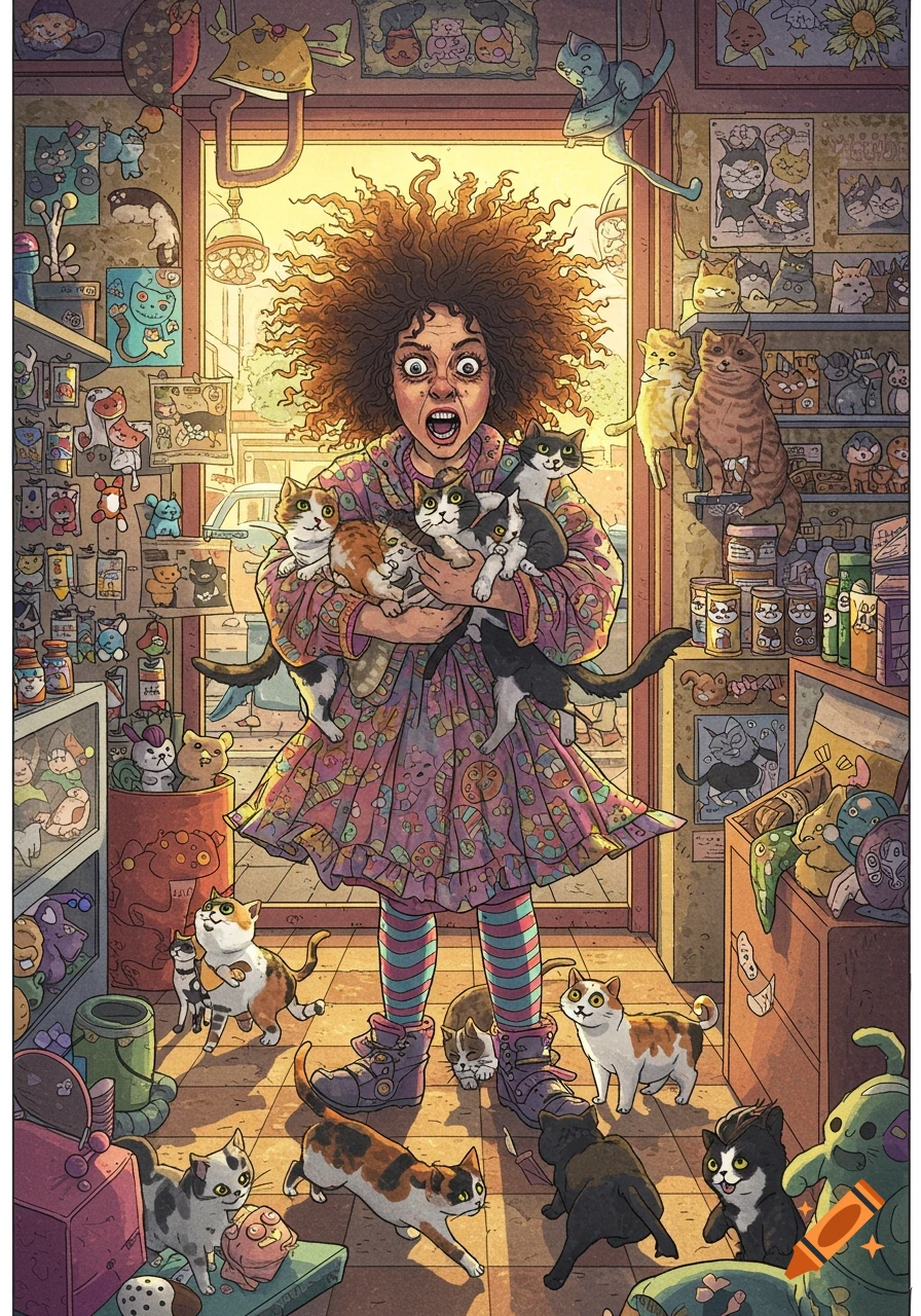 A wild-haired woman screams while holding multiple cats in a whimsical, cat-filled shop, with more cats on the floor and shelves. Detailed illustration.