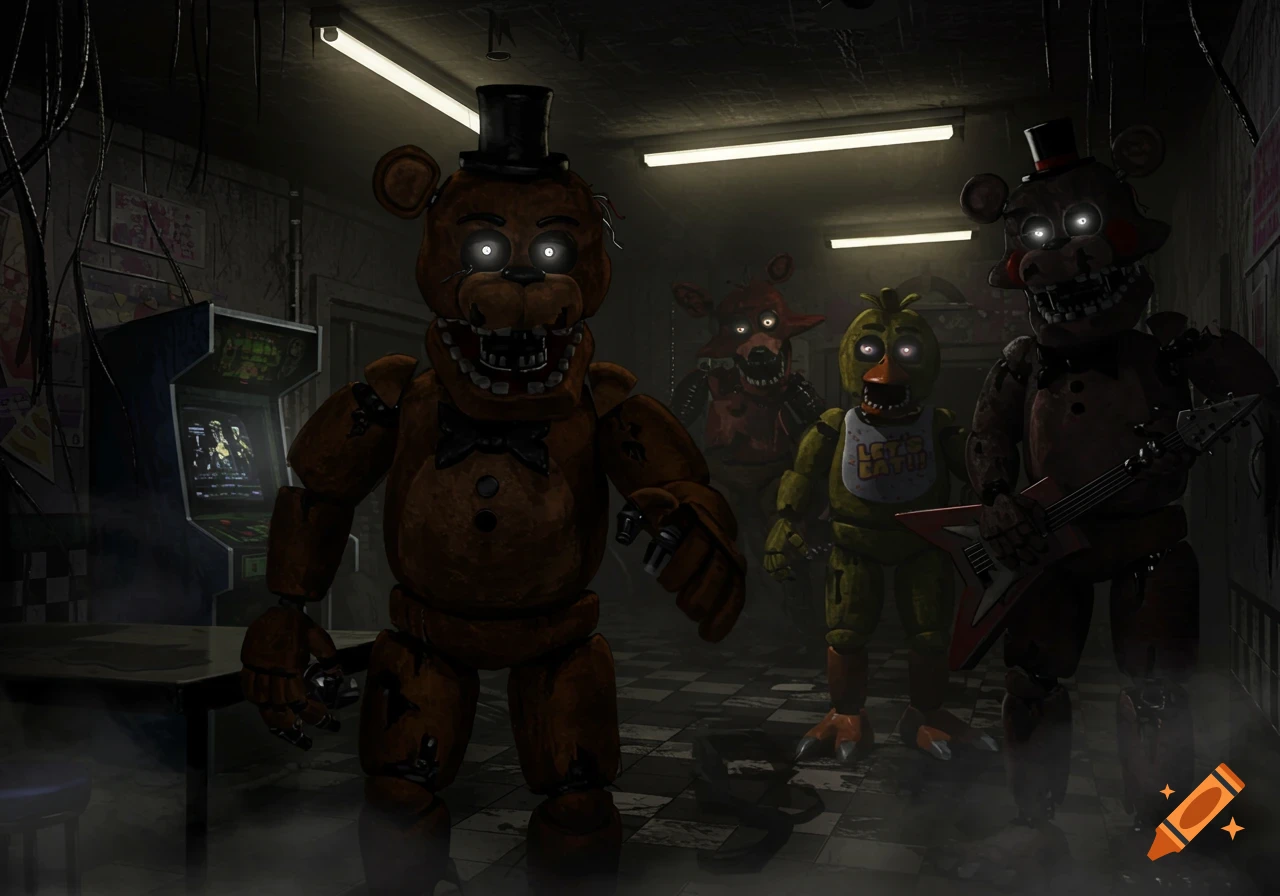 Four Five Nights at Freddy's animatronics, including Freddy, Foxy, and Chica, in a dimly lit, spooky room with arcade machines.