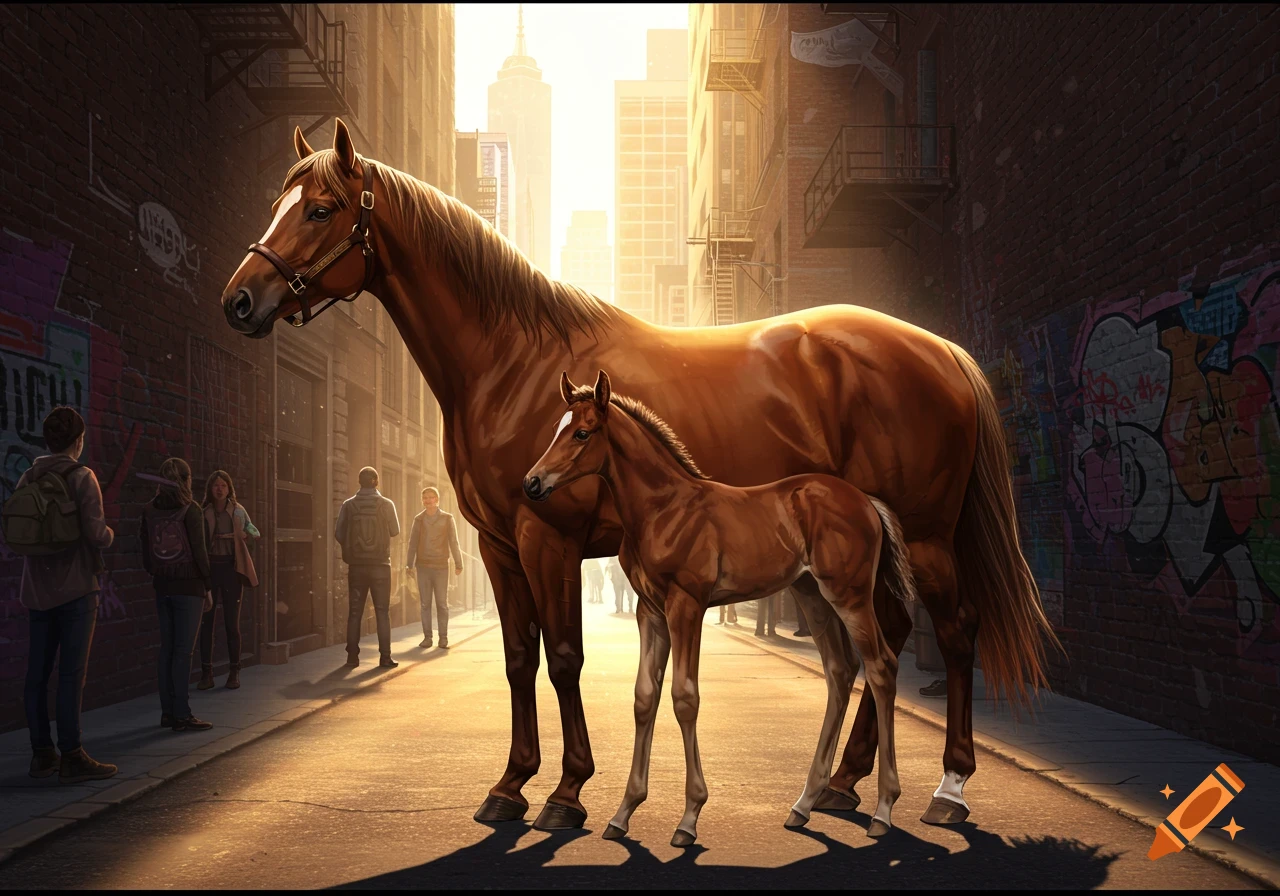 A brown mare and her colt stand on a sunlit city street with tall buildings and graffiti-covered walls.
