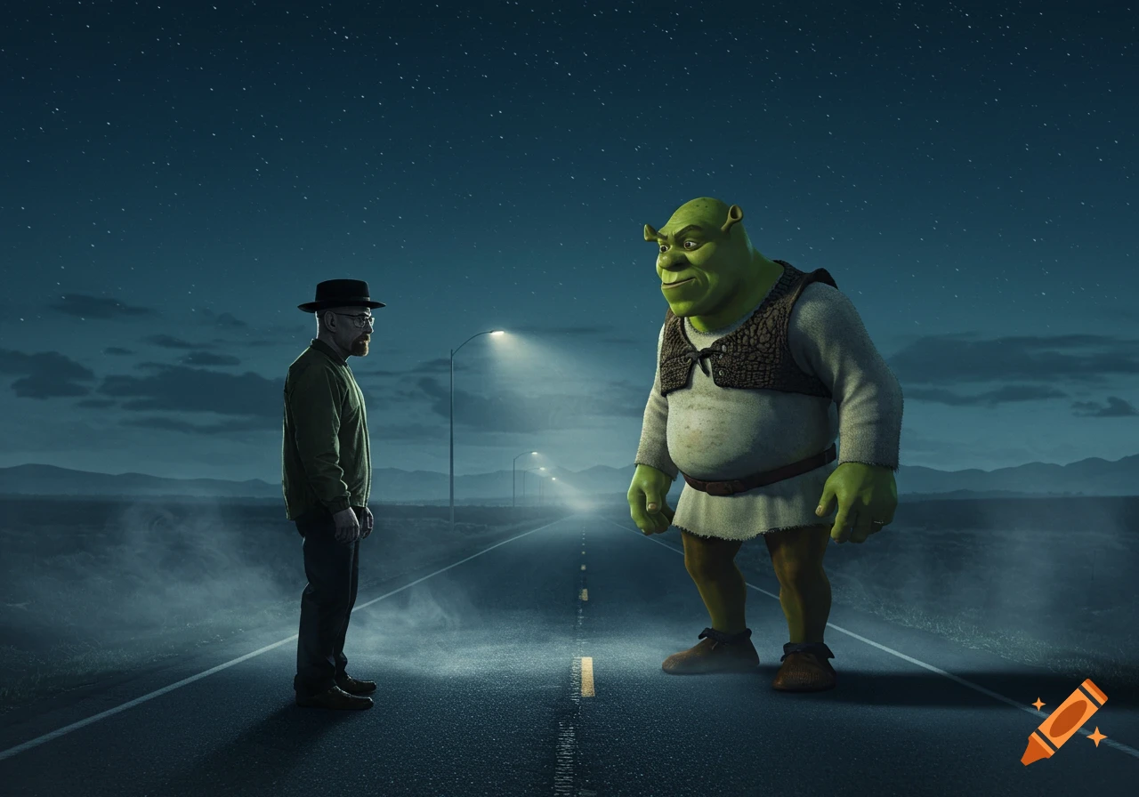 Walter White and Shrek stand face to face on a dark, deserted highway at night, lit by distant streetlights. Photorealistic style.