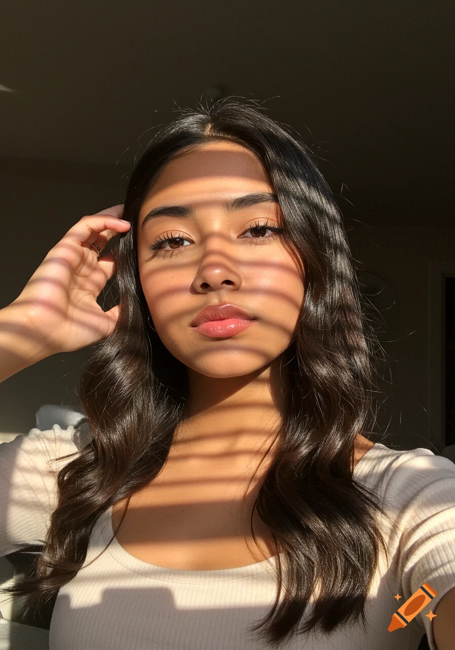 Close-up of a young woman with long dark wavy hair, illuminated by natural sunlight casting blinds shadows across her face and body.