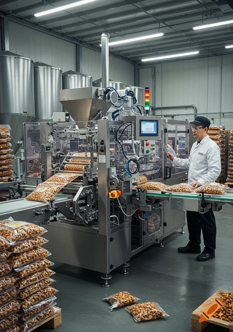 A worker in a lab coat and safety glasses stands beside an automated packaging machine filling clear bags with nuts in a clean factory setting.