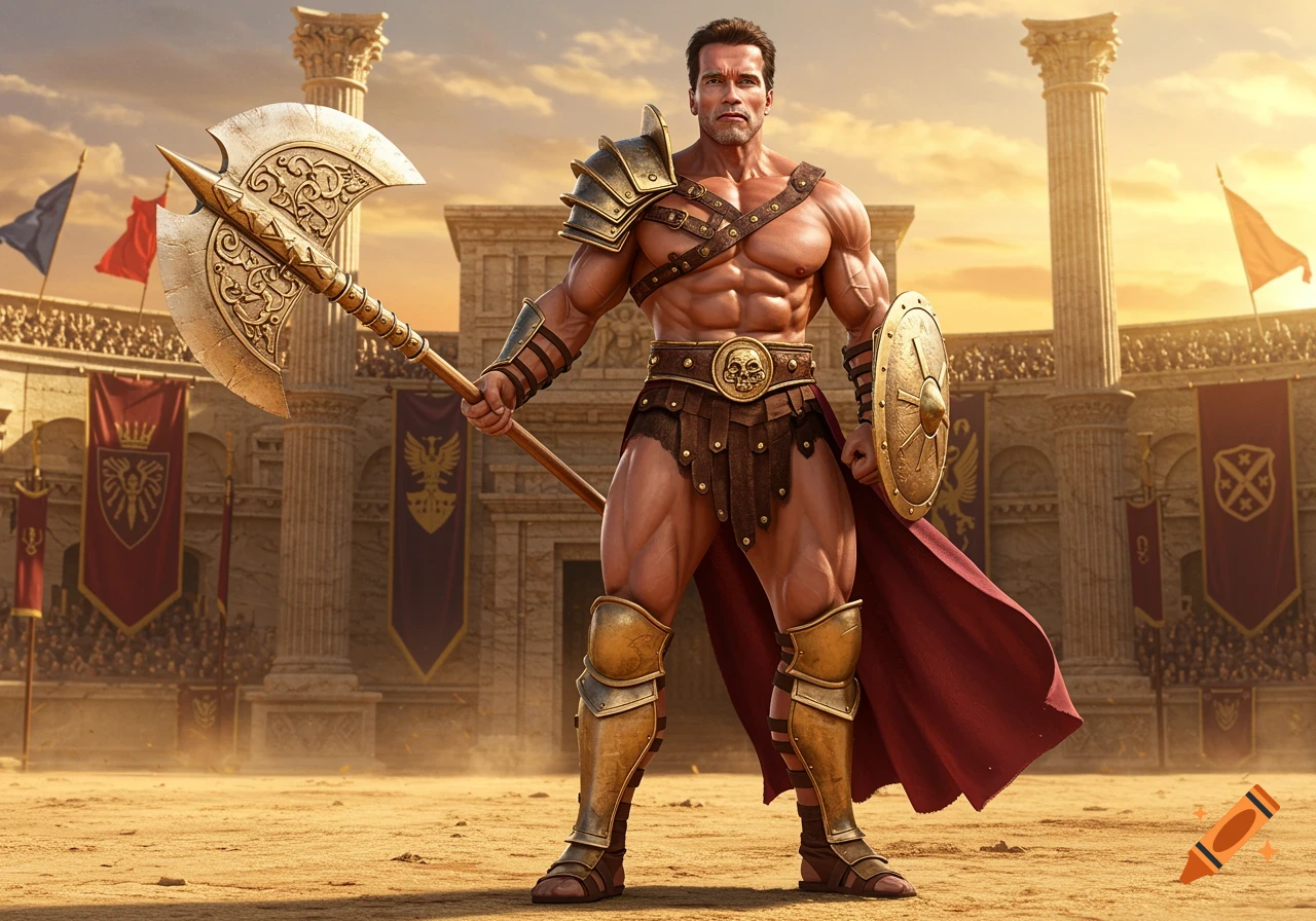 Arnold Schwarzenegger as a muscular gladiator in a desert arena, holding an ornate axe and shield, against a backdrop of ancient columns and banners.
