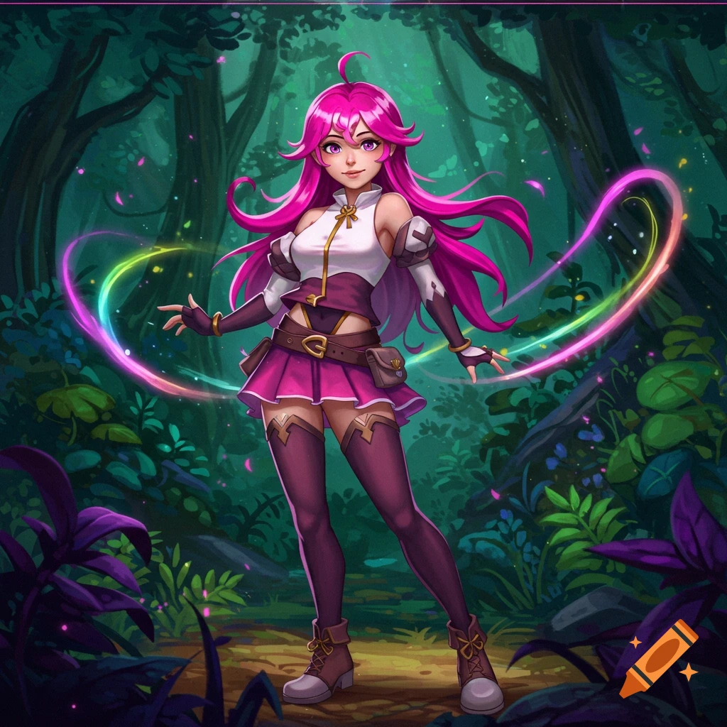 An anime-style young woman with pink hair and a purple outfit stands in a forest with colorful magic trails.