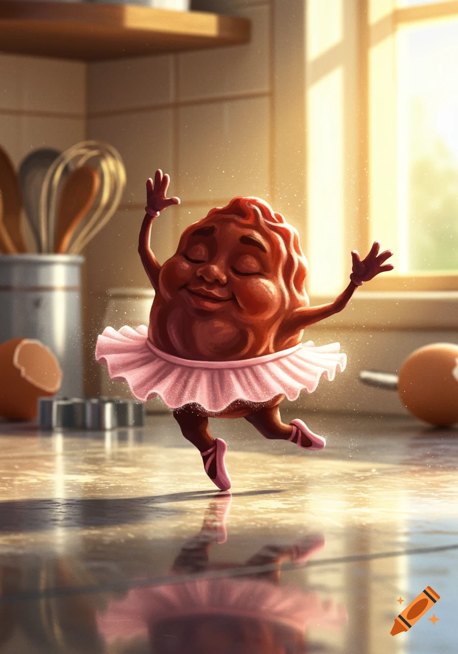 A cheerful anthropomorphic raisin in a pink tutu and ballet shoes dances in a sunlit kitchen, surrounded by baking ingredients.