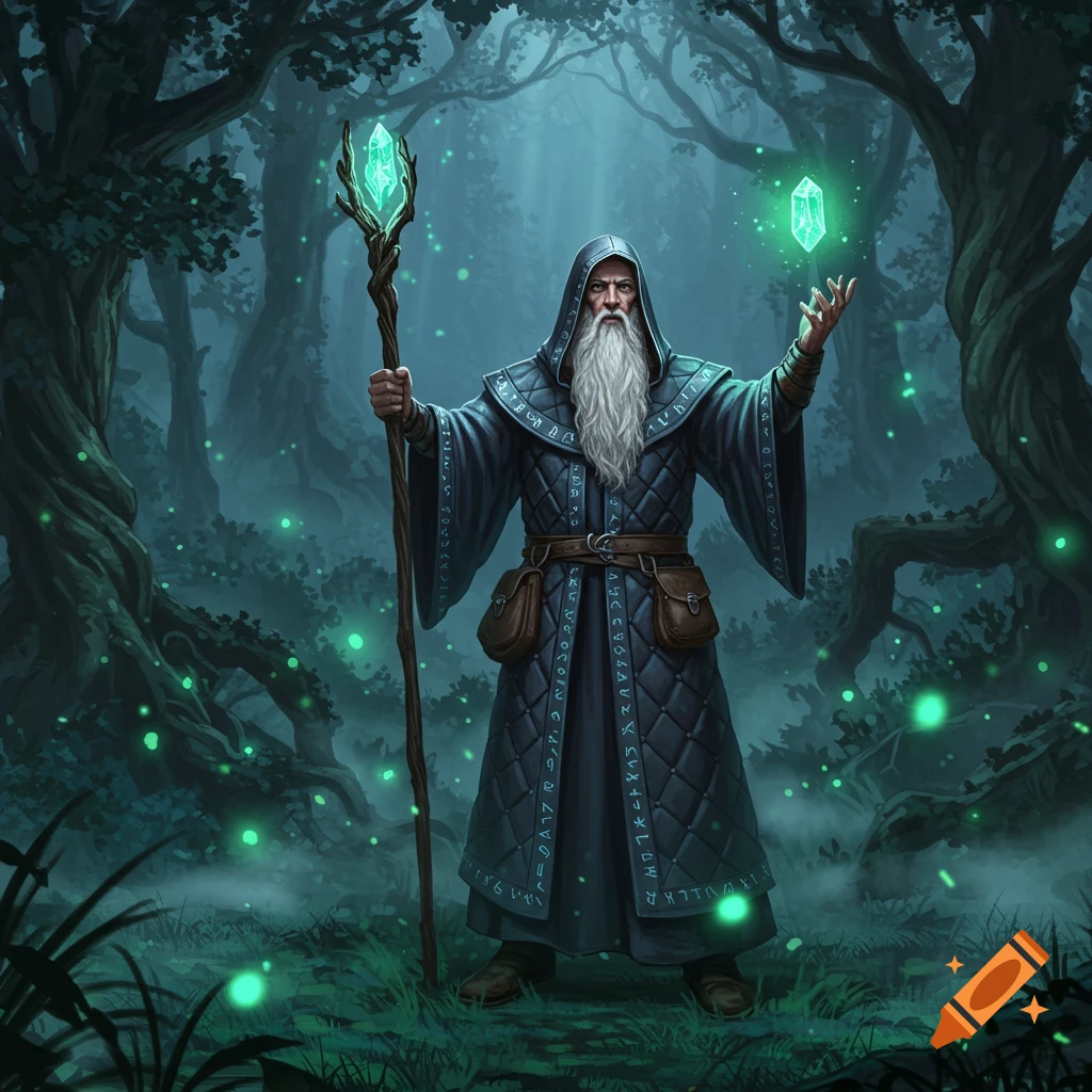 A grey-bearded wizard in a blue robe stands in a dark, mystical forest, holding a glowing crystal staff and levitating another crystal.