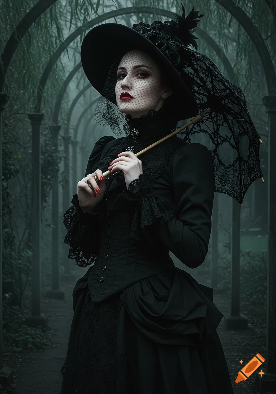 A pale woman with red lips in a black Victorian dress, wide-brimmed veiled hat, and lace parasol stands in a foggy arched garden pathway.