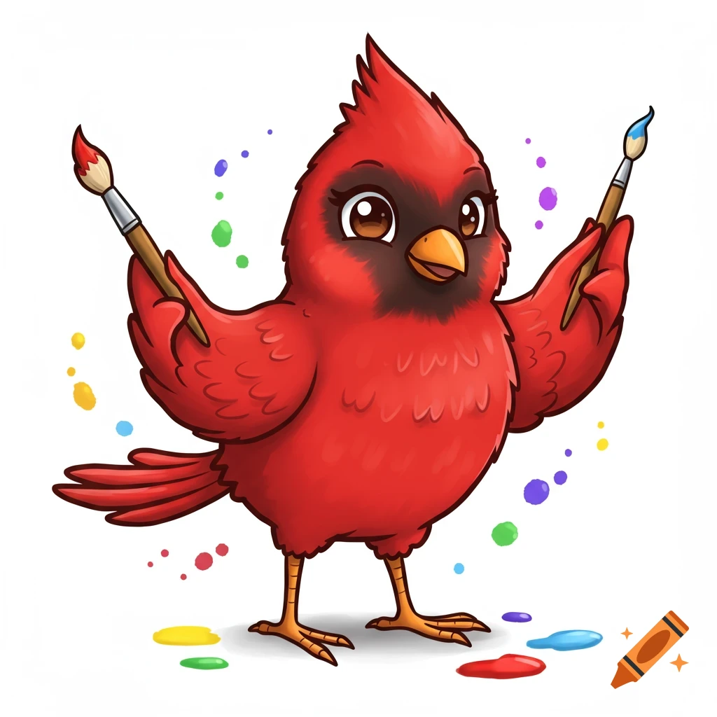 A cute cartoon red cardinal bird holding two paintbrushes with colorful paint splatters around it.