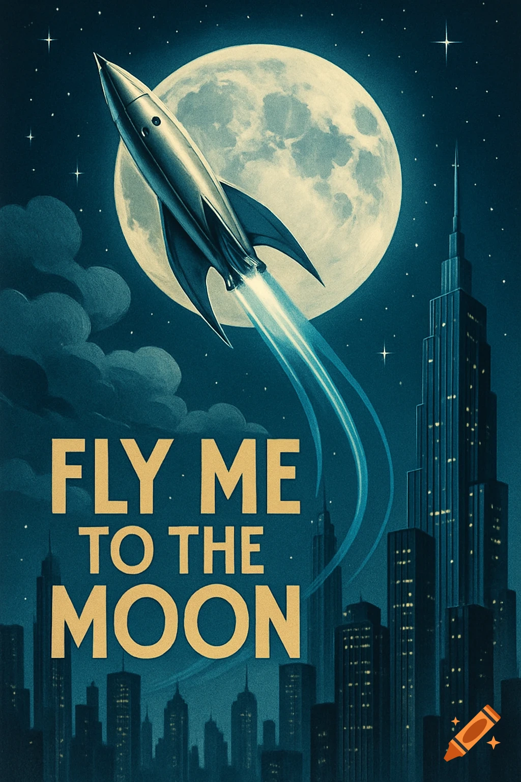 A retro-style poster showing a rocket flying towards a large moon over a city skyline, with the text "FLY ME TO THE MOON".