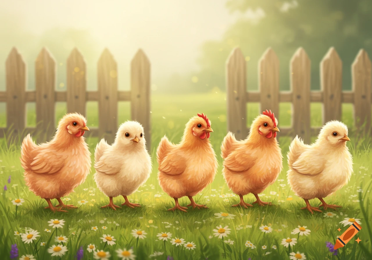 Five cute chickens, some light brown, some white, stand in a grassy field with white daisy flowers and a wooden fence in the background. Illustrative style.