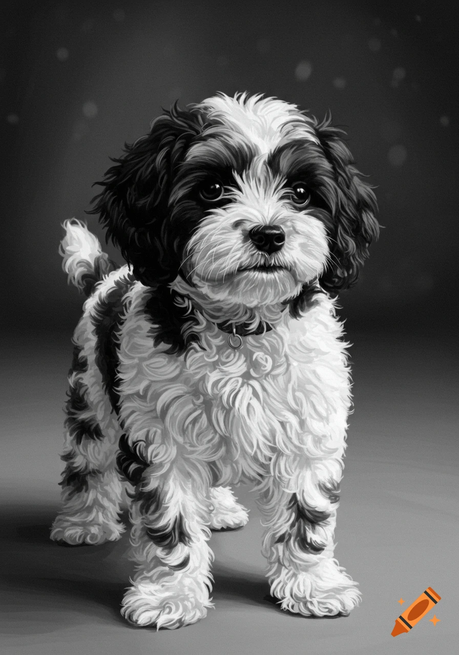 Digital illustration of a fluffy black and white cavapoo puppy standing.