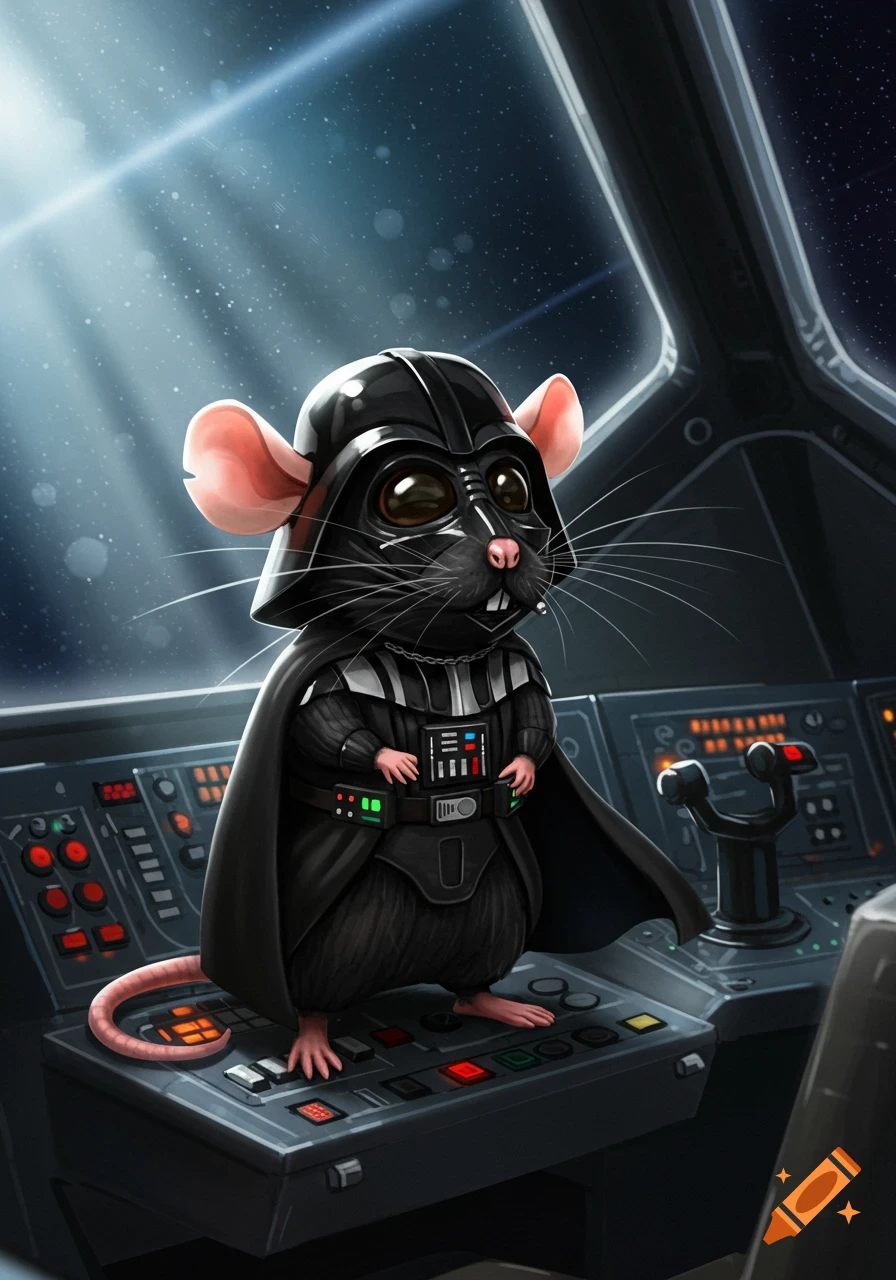 A cute cartoon rat dressed as Darth Vader, standing in a spaceship cockpit looking out into space.
