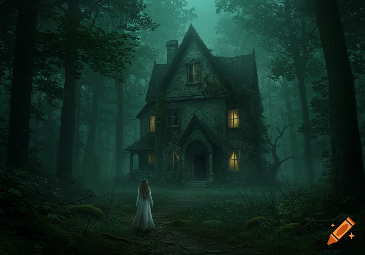 A lone girl in a white dress walks along a path towards a mysterious, overgrown gothic house deep in a dark, misty forest.