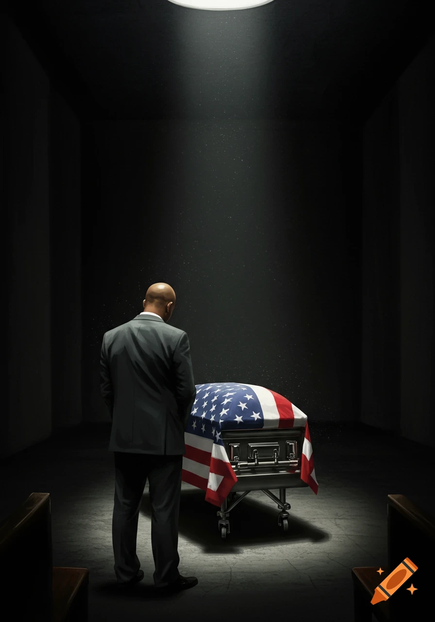 A man in a suit stands with his head bowed before a casket draped in an American flag in a dimly lit room.