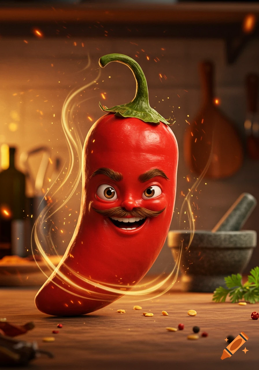 Vibrant cartoon red chili pepper with a mustache and happy face, floating in a kitchen with glowing sparks around it.