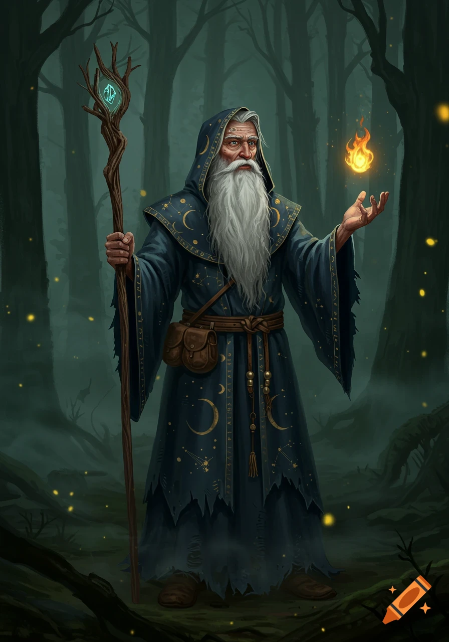An old wizard with a long white beard, wearing a starry blue robe, holding a glowing staff and a fiery orb in a dark, misty forest.