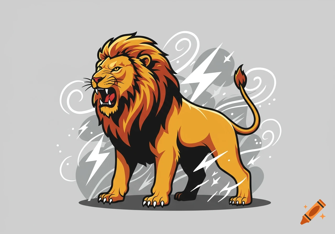 A stylized angry lion mascot illustration with golden fur and mane, roaring amidst white lightning bolts and swirls on a gray background.